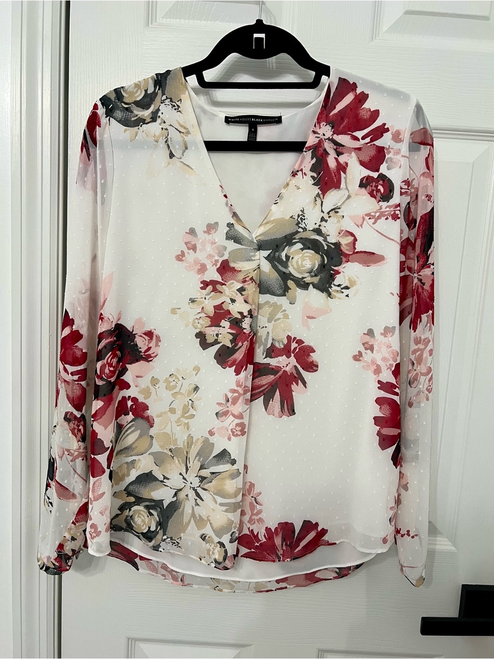 White House Black Market White Floral V-Neck Long Sleeve Blouse